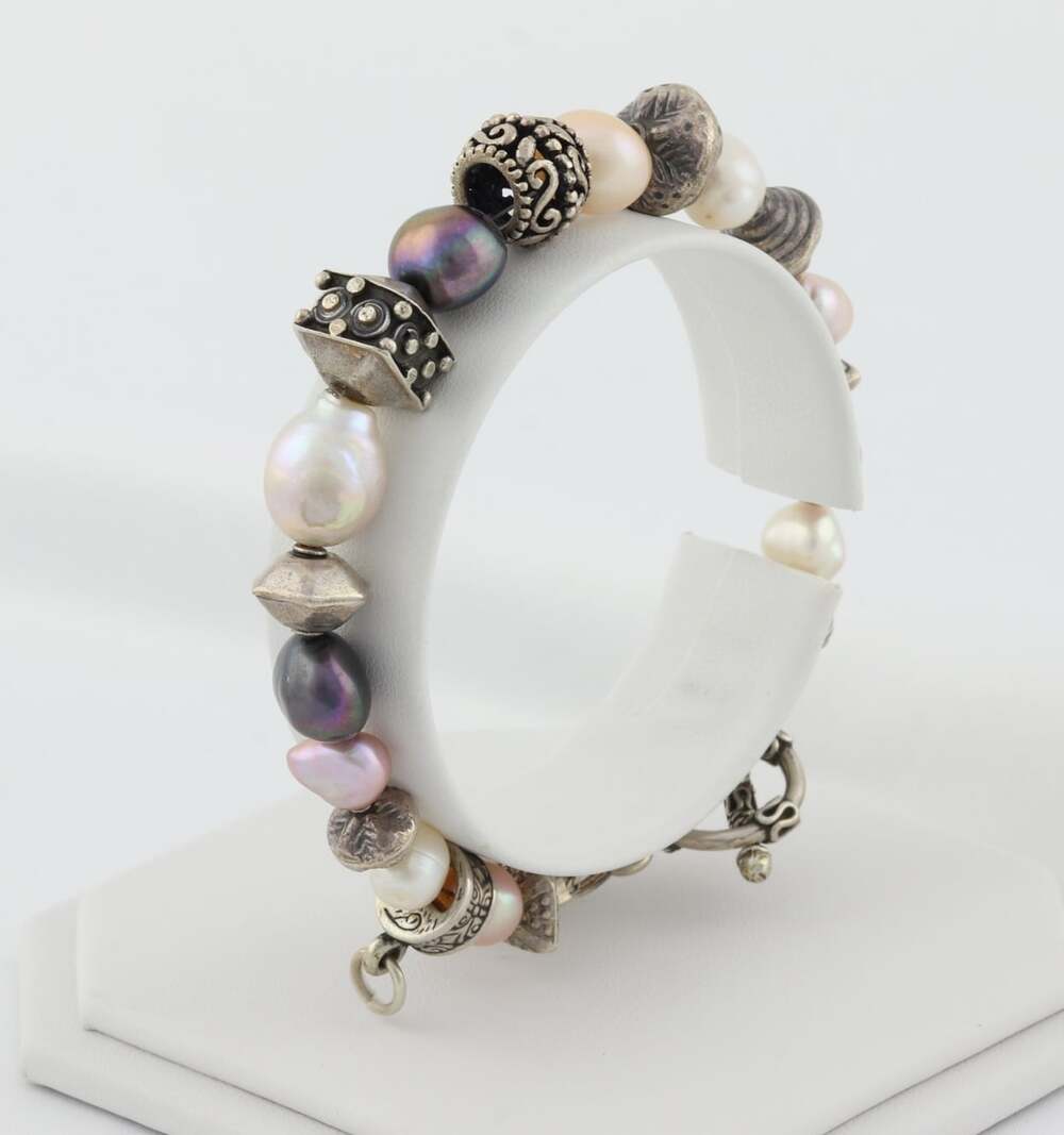 Sterling Silver Pink, White, Grey Pearl Bali Bracelet Add Charm 7 1/2" inch - Picture 4 of 7